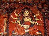 Tibet Guge 07 Tsaparang Red Temple 06 Pratisara To the right of the main door is Pratisara, with three angry faces and eight arms. She is a tantric goddess, one of the five Protectresses who are related to longevity and good deeds. In her right hands she holds the dharma wheel, an arrow, a trident-topped staff, and in her left hands she holds a vajra, a bow, and a vajra-tipped noose. Photo - Aschoff: Tsaparang - K�nigsstadt in Westtibet (1997).